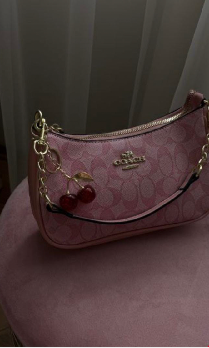 Pink signature coach hand bag , with cute cherry charm