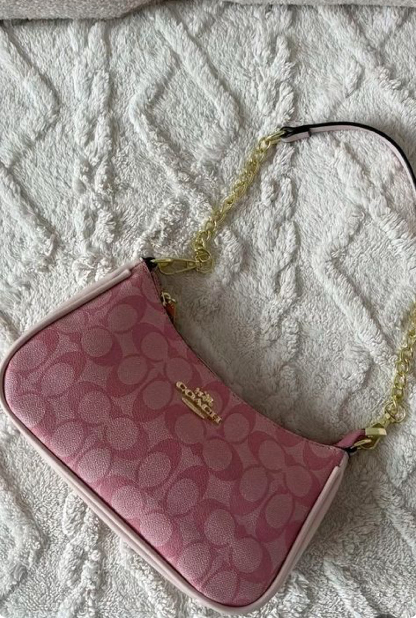 Pink signature coach hand bag , with cute cherry charm